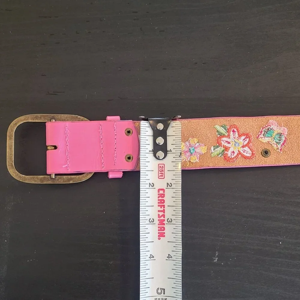 Childrens Place Pink Embroidered Leather Belt Brass Buckle